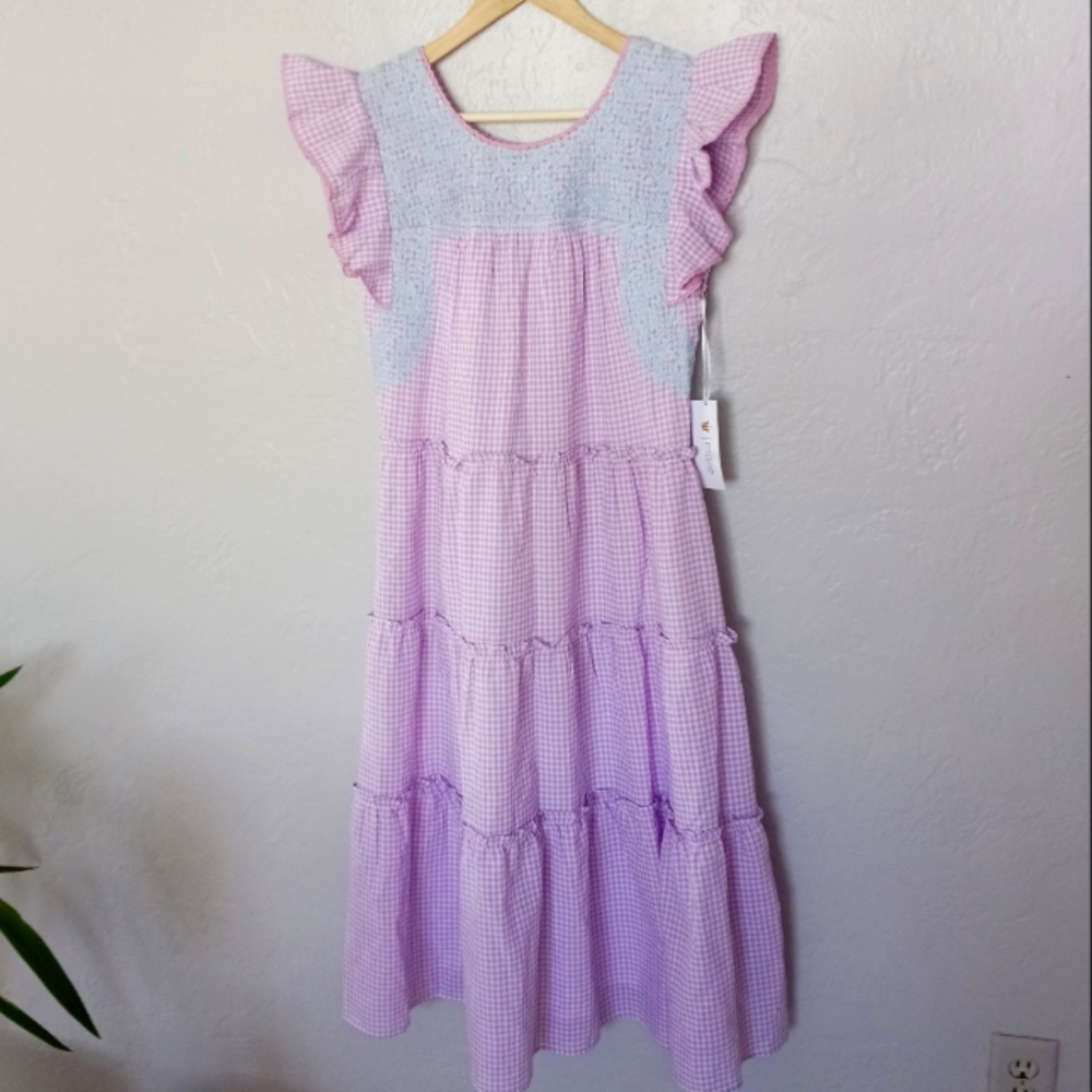 J. Marie Kayla Tiered Midi Dress Purple Gingham Embroidery S